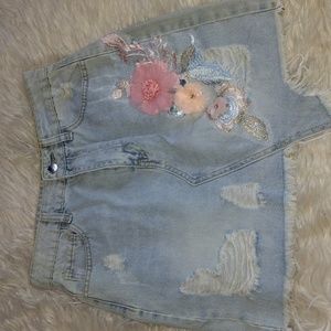 Embroidered Floral Distressed Applique Denim Skirt